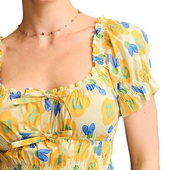 UMGEE Yellow Blue Floral Smocked Peplum Short Sleeve Blouse Top NEW - Picture 2 of 7